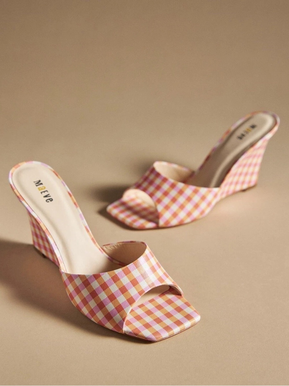 Maeve Square-Toe Mules in Pink and Orange Gingham